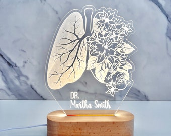 Luz nocturna personalizada de pulmón floral - Regalo de lámpara de médico - Regalo para colega - Regalo de neumólogo - Regalo de terapeuta respiratorio - Regalo de estudiante médico