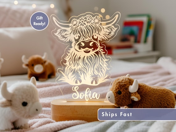 Highland Cow Custom Name Light | Personalized Bedroom LED Cloud Decor Sign | Light up Sign | /Wildflower crown Cow Lamp / Girl Gift