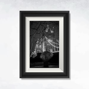 London Tower Bridge Night Photograph Black and White Landscape Wall Art, Home Decor, Modern Art, Nature Print, Gift for Art Lovers