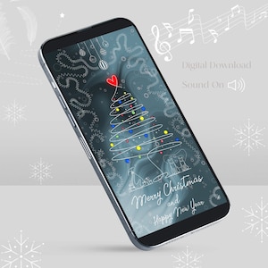 Może przedstawiać: Smartfon wyświetla świąteczny motyw choinki z czerwonym sercem i kolorowymi światełkami. Widoczny jest również napis "Merry Christmas and Happy New Year". Widoczne są również słowa "Digital Download" i "Sound On".