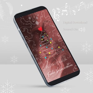 Puede incluir: Un smartphone muestra una descarga digital navideña con un dibujo lineal blanco de un árbol, adornos y el texto "Frohe Weihnachten". El fondo es granate con copos de nieve y notas musicales.