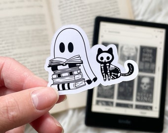 Little ghost with book and skeleton cat sticker | book sticker | booklover | stickers for readers | bookish things