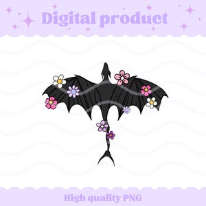 May include: A digital graphic illustration of a black dragon with spread wings, adorned with small pink, purple, and white flowers. The text Digital product appears at the top, and High quality PNG is at the bottom of the white background.