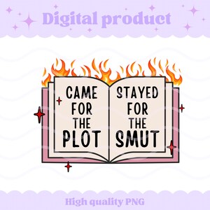 May include: An open book illustration with orange and yellow flames rising from the top. The left page reads CAME FOR THE PLOT and the right page reads STAYED FOR THE SMUT in black capital letters. The book has a pink cover and small red stars.