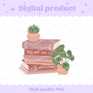 May include: A digital illustration of a stack of four books in shades of mauve and pink. A small green succulent in a round peach pot sits on top of the books, and a green leafy plant in a matching peach pot is positioned next to the stack.