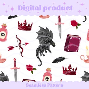 Op de afbeelding: Een naadloos digitaal patroon met een centrale zwarte draak omringd door illustraties van donkerrode kronen, roze toverdrankflesjes met schedellabels, zilveren dolken met roze gevesten, rode rozen, zwarte veren, een pijl en boog en een paars boek.