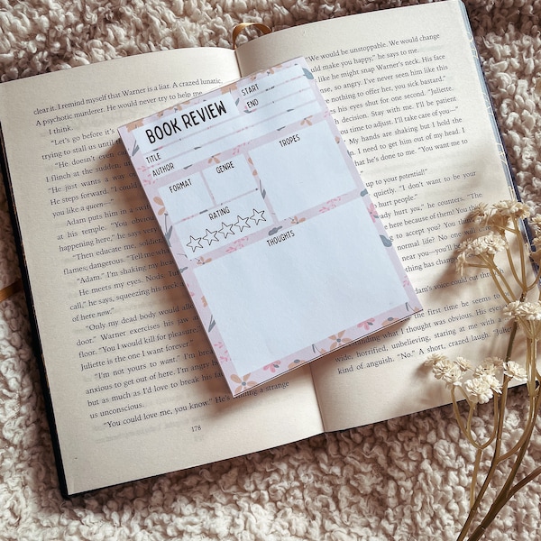 book review with flowers notepad | 50 pages | to do list | bookish things