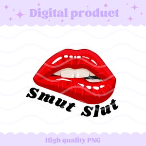 Op de afbeelding: Een digitale grafische illustratie met felrode lippen die op de onderlip bijten, waardoor witte tanden zichtbaar worden. Onder de lippen staat de tekst Smut Slut in een vetgedrukt, zwart, schreefloos lettertype op een witte achtergrond.