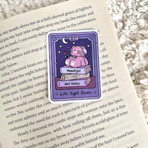 Op de afbeelding: Een sticker met een roze teddybeer met een koptelefoon, zittend op een stapel boeken onder een halve maan en sterren. De sticker heeft de tekst "Moonlight", "and books" en "Late Night Reader". De sticker ligt op een boek.