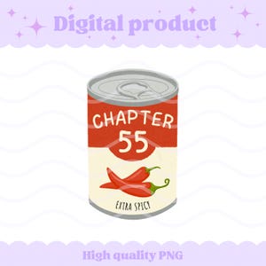 May include: A cylindrical metal food can with a red and cream label. The label features the text CHAPTER 55 in white, a graphic of two red chili peppers, and the text EXTRA SPICY at the bottom. The top of the can shows a silver pull-tab lid.
