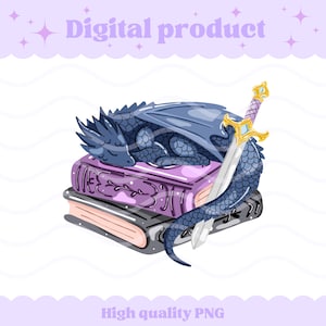 Op de afbeelding: Een digitale illustratie van een donkerblauwe draak die slaapt op een stapel van twee boeken, een paarse en een zwarte, met een zilveren zwaard met een gouden gevest ertegenaan. De tekst "Digital product" en "High quality PNG" is zichtbaar.