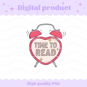 Op de afbeelding: Een hartvormige roze wekkerillustratie met twee bellen aan de bovenkant en twee pootjes aan de onderkant. De wijzerplaat bevat de tekst TIME TO READ in vetgedrukte letters, geaccentueerd door kleine gele sterretjes, op een lichtroze achtergrond.