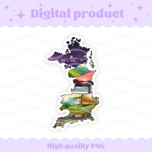 May include: A sticker shaped like the map of Great Britain featuring horizontal landscape segments including a purple starry night sky with mountains, green hills, a sunset over water, a beach, a forest, and a small cabin in a field.