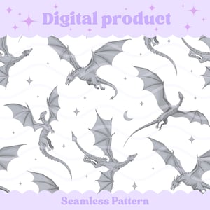 Op de afbeelding: Een naadloos digitaal patroon met grijze draken in verschillende vlieghoudingen tegen een witte achtergrond met kleine sterren en een maansikkel. De randen zijn lichtpaars met de tekst Digital product en Seamless Pattern.