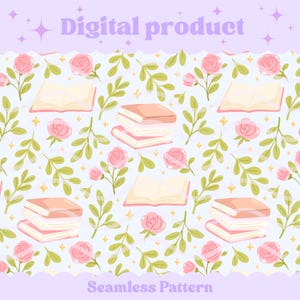 Op de afbeelding: Een naadloos digitaal patroon met illustraties van open boeken, stapels van drie boeken, roze rozen, groene bladeren en kleine gele vierpuntige sterren op een lichtblauwe achtergrond. De tekst Digital product en Seamless Pattern is zichtbaar.