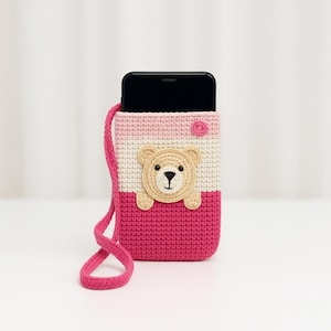 Crochet Phone Case Pattern PDF, Bear Applique Mobile Pouch with Strap, Cute DIY Bag Tutorial, Easy Crochet Gift for Kids and Teens