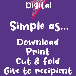 May include: Purple background with a pink glitter lightning bolt graphic with the text "Joyella Digital" above it. The text "Simple as... Download Print Cut & fold Give to recipient" is below the graphic.