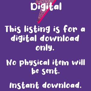 May include: Purple background with white text that reads "Joyella Digital". The text is in a lightning bolt shape. The text below reads "This listing is for a digital download only. No physical item will be sent. Instant download. Print at home."