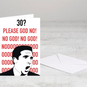 May include: A humorous birthday card featuring a cartoon image of a man with a shocked expression. The card has red text that reads "30? PLEASE GOD NO! NO GOD! NO GOD!" and a background of repeating zeros.