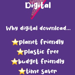 May include: Purple background with white text that reads "Joyella Digital". Below the text is a list of reasons why digital downloads are good for the environment: "planet friendly", "plastic free", "budget friendly", and "time saver".
