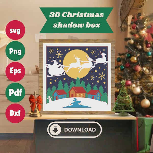 Christmas Santa Sleigh 3D Shadow Box svg, xmas layered papercut light box svg, winter DIY shadow box for cricut, 3d cardstock retro template Christmas Santa Sleigh 3D Shadow Box svg, xmas layered papercut light box svg, winter DIY shadow box for cricut, 3d cardstock retro template