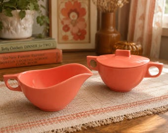 Vintage Canadian Melmac Sugar Bowl & Creamer Set | Coral Salmon Melamine | Mid Century Modern Dinnerware | Made in Canada