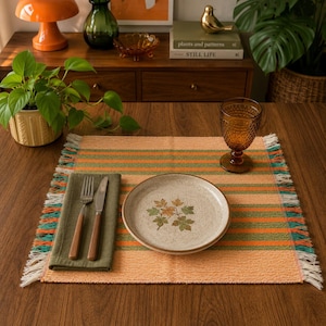 Set of 5 Vintage Handwoven Placemats | Metallic Orange & Green Woven Table Linens | Handmade Loom Textile | 16 x 14 Inches
