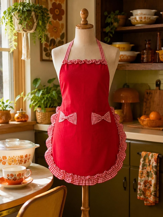 Vintage Red Gingham Apron | Handmade Ruffled Kitchen Apron