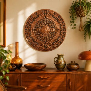 May include: A circular copper-toned wall plaque featuring an intricate Aztec calendar design with a central sun face, displayed above a wooden sideboard holding a glass vase, a wooden bowl, two ceramic vessels, and a mushroom-shaped lamp.