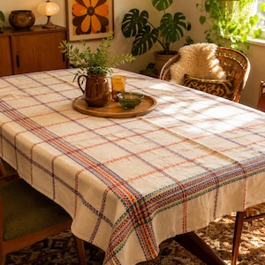 Vintage Heavy Linen Tablecloth 94x64 Inches | Colorful Woven Plaid Linen Tablecloth