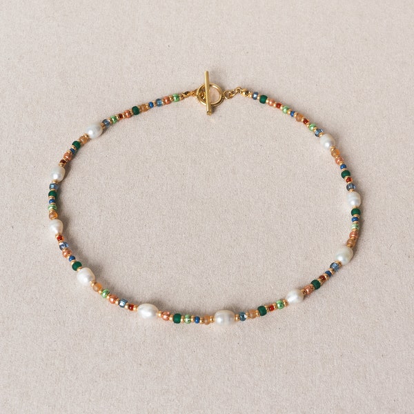Pearl necklace | Pearl bracelet "The Leaves" jewelry set made of glass beads freshwater pearls gold colorful | customizable