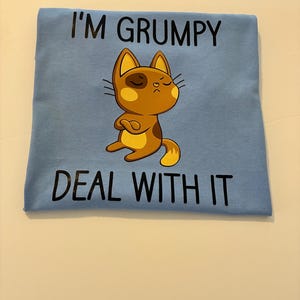 May include: A light blue t-shirt with the text "I'M GRUMPY DEAL WITH IT" in black. The shirt features a cartoon cat with a grumpy expression, arms crossed, and a curled tail. The cat is brown with yellow accents.