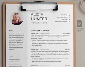 Resume template for Google Docs with photo. Includes 1 and 2 page resume template, free cover letter and references. Curriculum Vitae CV.