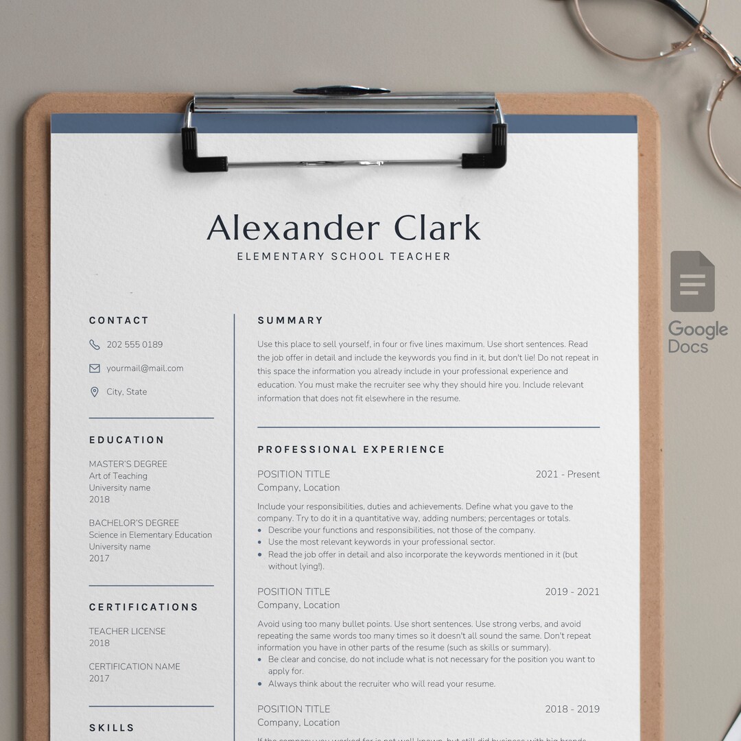 Teacher Resume Template for Google Docs, Without Photo. Includes One ...