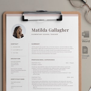 Teacher resume template, Word + Docs pack, with photo. Includes one and two page template, free cover letter and references. Modern CV 2023.