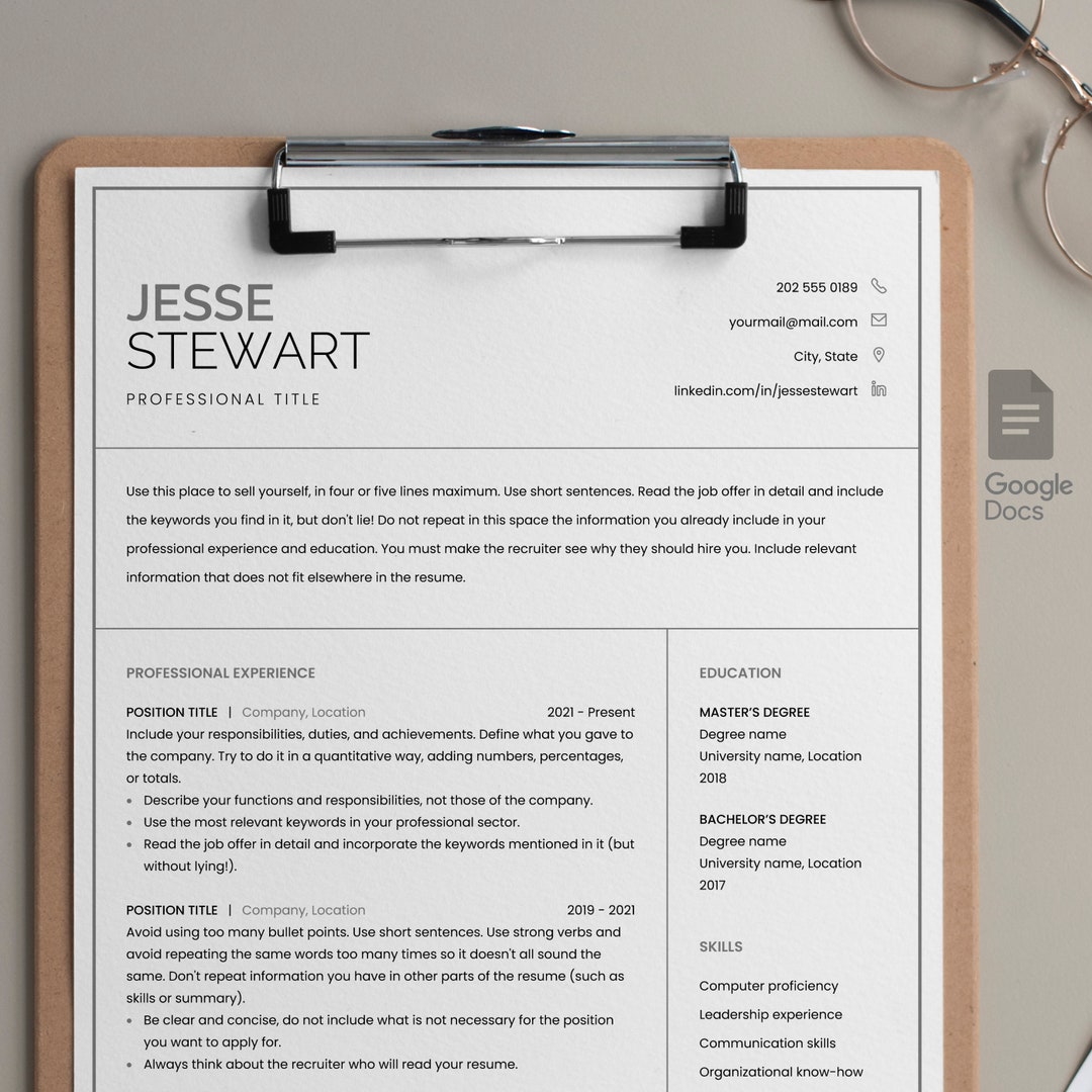 Professional Resume Template for Google Docs. Includes 1 and 2 Page ...