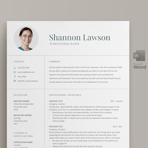 May include: A resume template for a registered nurse named Shannon Lawson. The resume includes contact information, education, professional experience, and licenses and certifications.