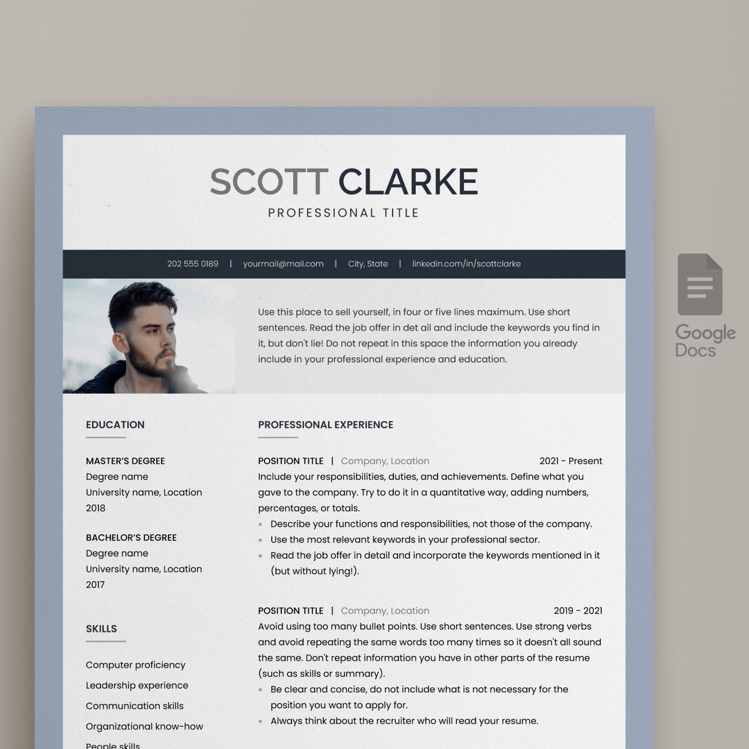 Modern Resume Template for Google Docs With Photo. Includes 1 and 2 ...