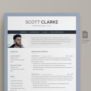 Plantilla de CV moderna para Google Docs con foto. Incluye plantilla de currículum vitae de 1 y 2 páginas, carta de presentación gratuita y referencias. Diseño CV 2023.