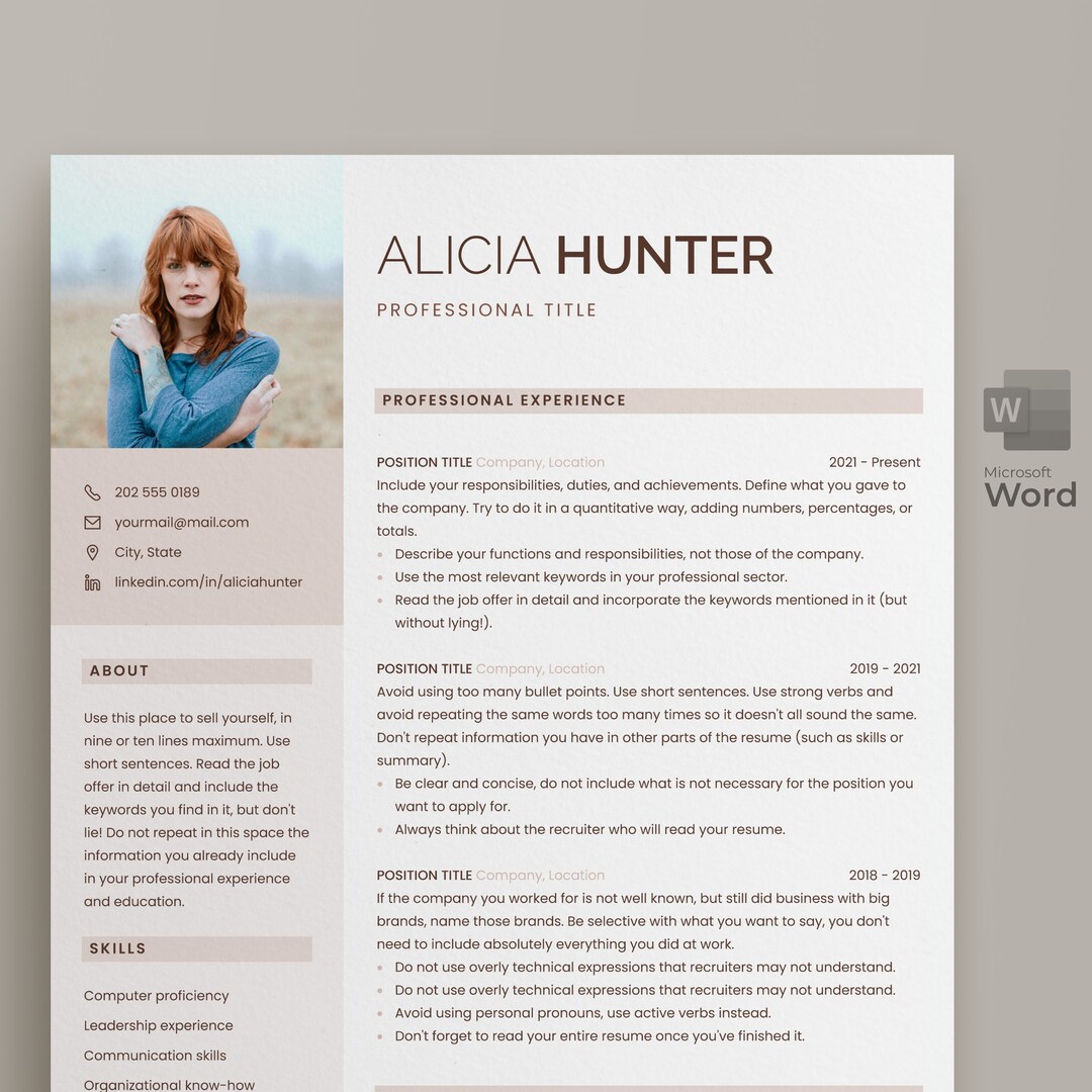 Minimalist Resume Template for Microsoft Word With Photo. Includes 1 ...