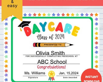 Fillable Daycare Certificate, Daycare Graduation, Last Day of School Daycare, Graduate, Diploma, Personalized Kids Award from Teacher