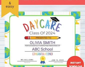 Fillable Daycare Graduation Certificate, Daycare Graduation, Last Day of School Daycare, Daycare Graduate, Diploma, Personalized Kids Award