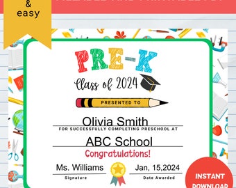 Fillable Pre-K Graduation Certificate, Pre-K Graduation, Last Day of Preschool-K, Pre-K Graduate, Diploma, Personalized Certificate