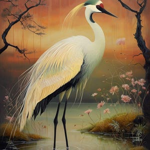 Japanese Crane Digital Wall Art Download Oriental Bird Painting Sunset Nature Landscape Minimalist Printable Artwork for Home or Office
