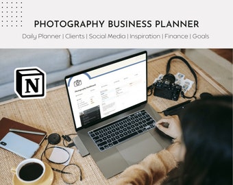 Modèle Notion 2024 Planificateur d'entreprise pour la photographie, Flux de travail numérique du client, CRM, Plan d'entreprise et de séance de photographie