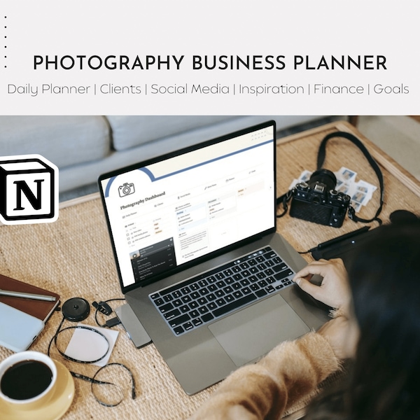 Modèle Notion 2024 Planificateur d'entreprise pour la photographie, Flux de travail numérique du client, CRM, Plan d'entreprise et de séance de photographie