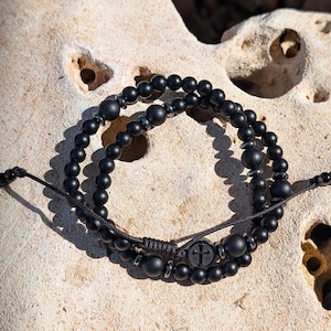 Terror of Demons Paracord Double Wrap Rosary Bracelet Matte Black Onyx, Stainless Steel, 100lb Paracord