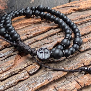 St. Joseph, "Terror of Demons" Paracord Double Wrap Rosary Bracelet Matte Black Onyx, Stainless Steel, 100lb Paracord