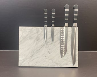 Magnetic marble knife block, white Carrara knife holder, modern