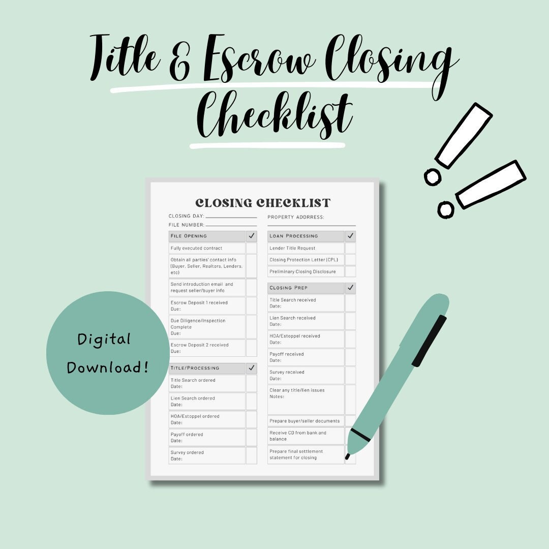 Title & Escrow Closing File Checklist, Real Estate Closing Checklist Etsy